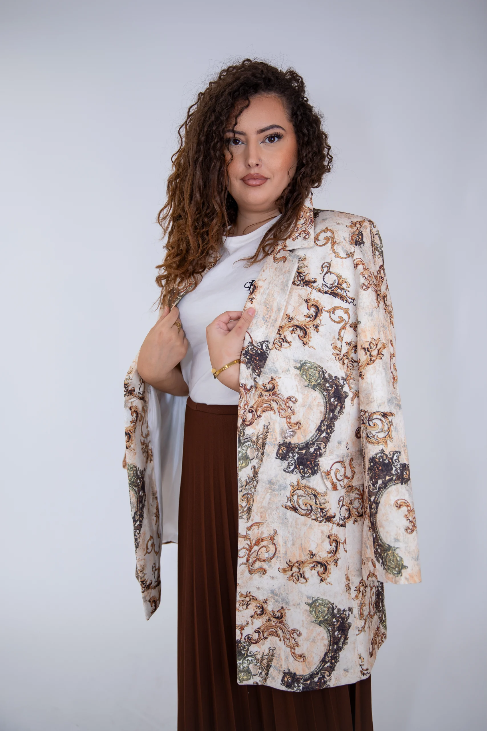 Blazer long baroque élégance beige et camel