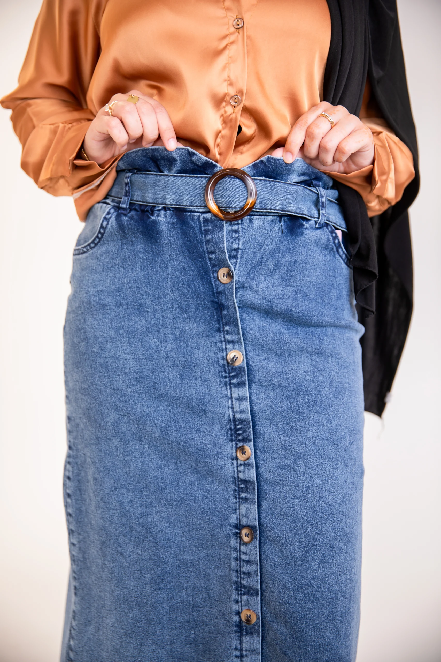 Jupe longue en Jean Taille haute avec ceinture élégance casual modeste