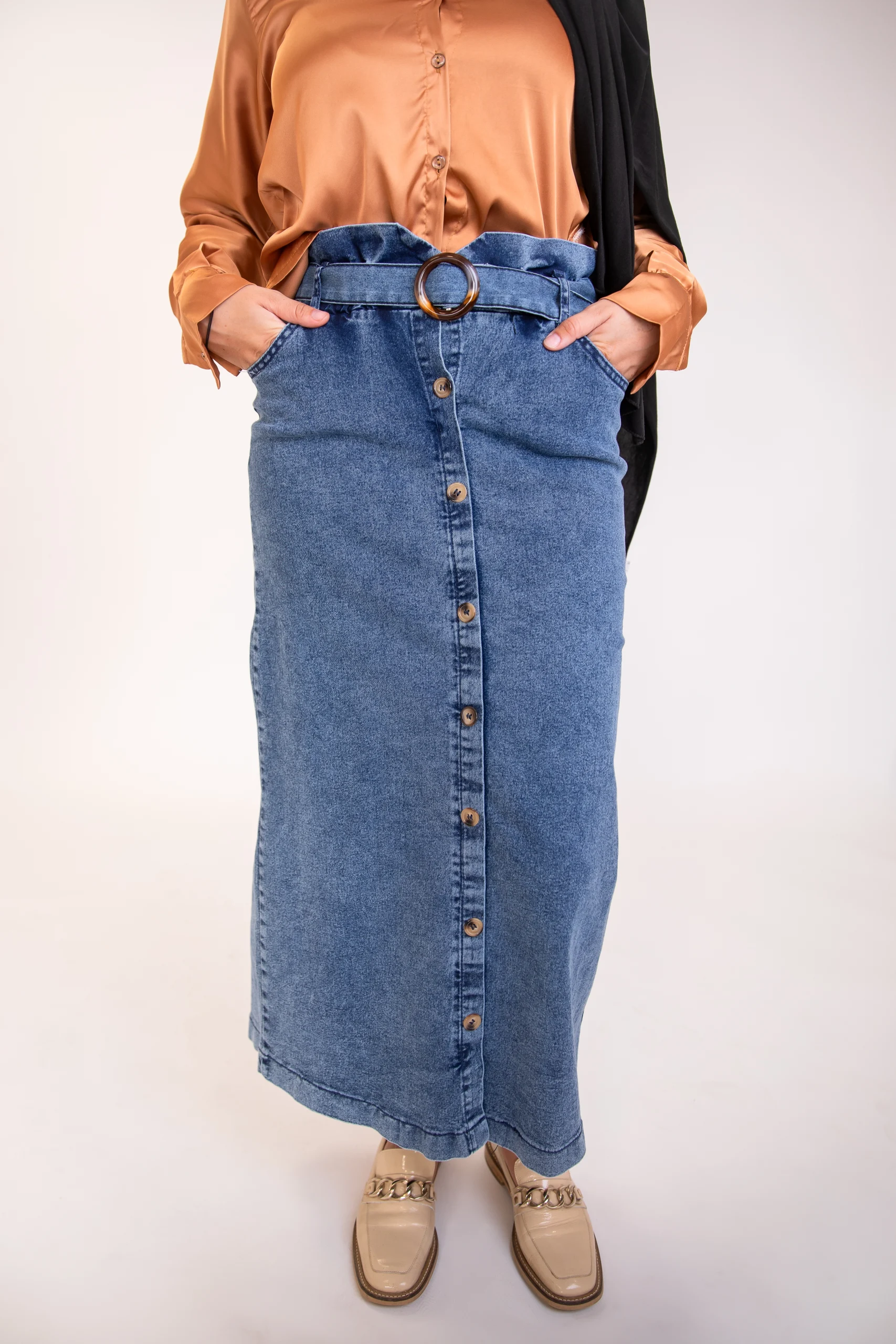 Jupe longue en Jean Taille haute avec ceinture élégance casual modeste
