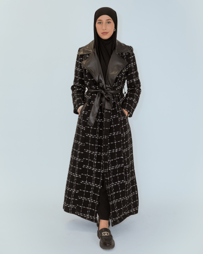 manteau long noir tweed et simili cuir Élégance structurée