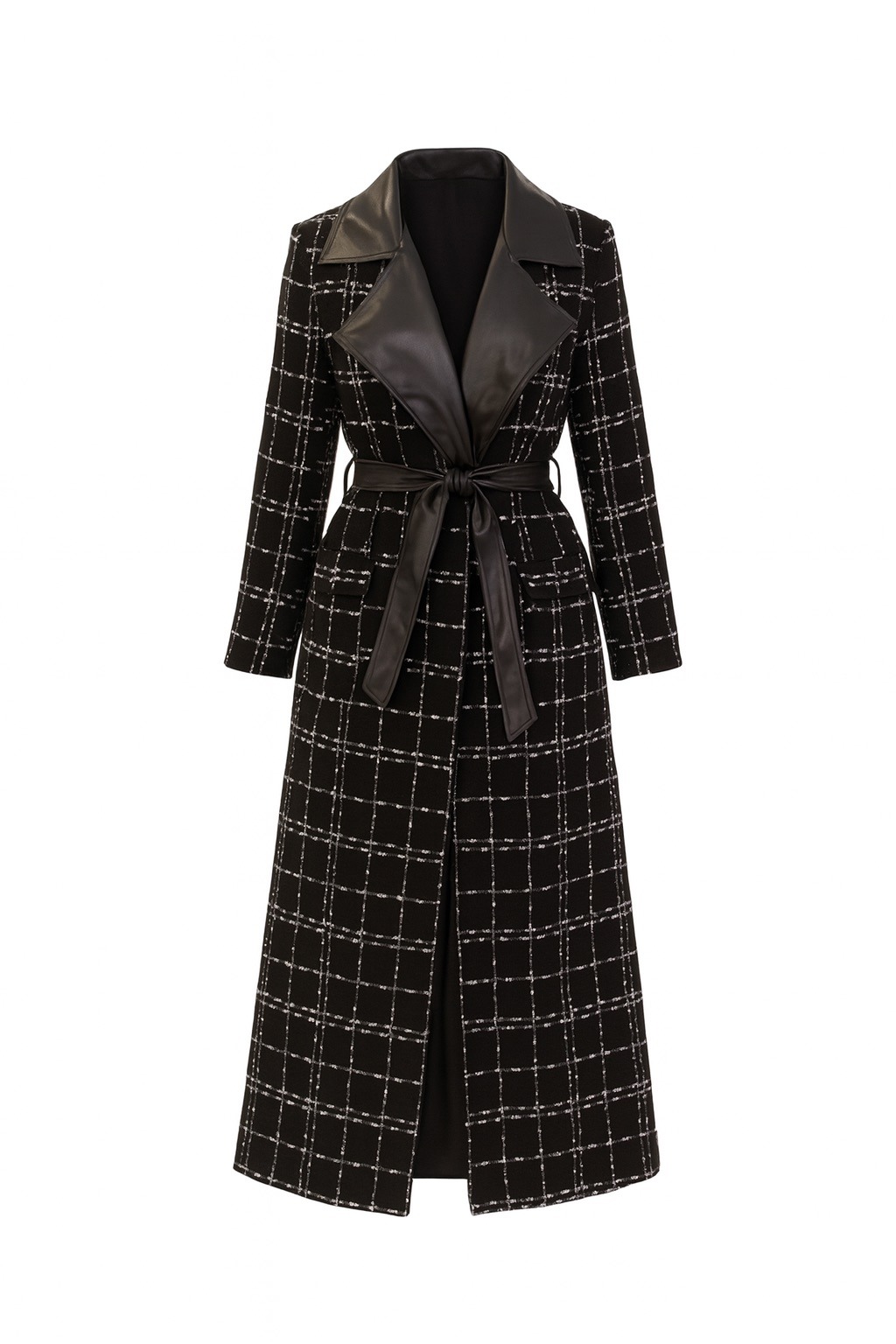 Manteau long noir tweed Et simili cuir – Élégance structurée